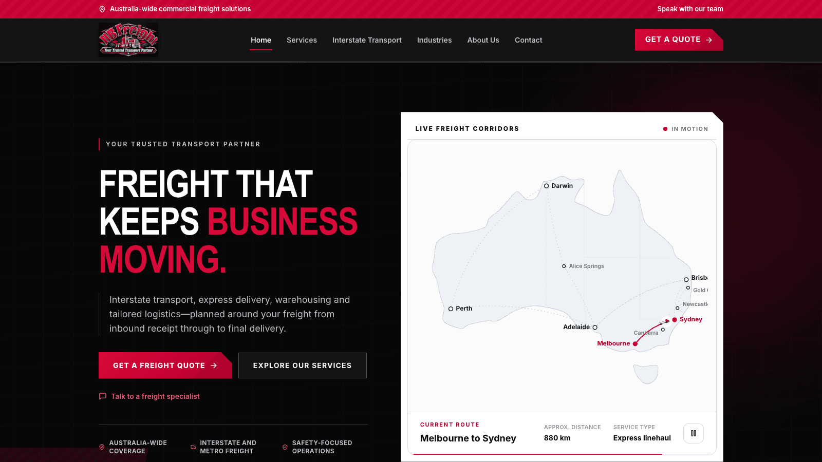NB Freight website homepage with transport services and an Australian freight corridor map