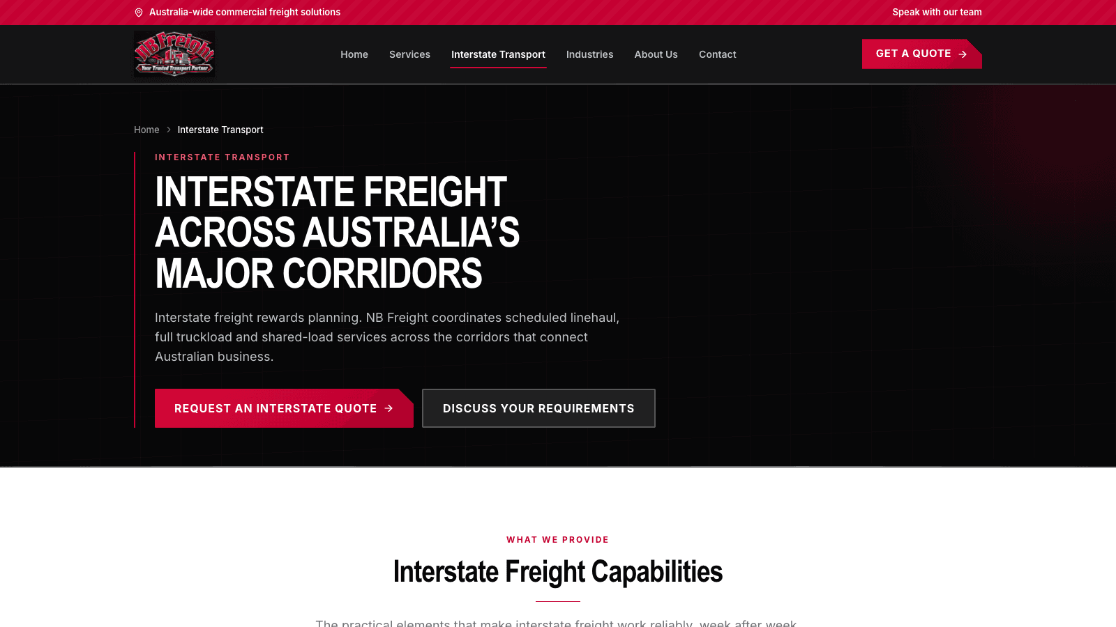 NB Freight interstate transport website with freight capabilities and route information